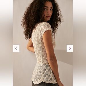 NWOT Free People Keep It Simple Lace Baby Tee Ivory Ruched Semi Sheer Fitted XS